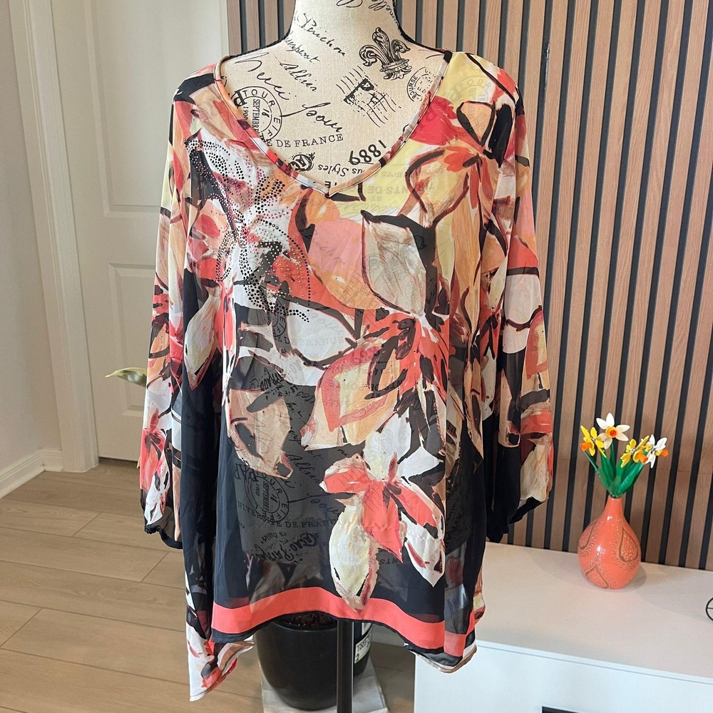 Energe World Wear Blouse XL Floral Print Rhinestone Accents Sheer Top‎